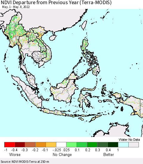 South East Asia NDVI Departure from Previous Year (Terra-MODIS) Thematic Map For 5/1/2022 - 5/8/2022