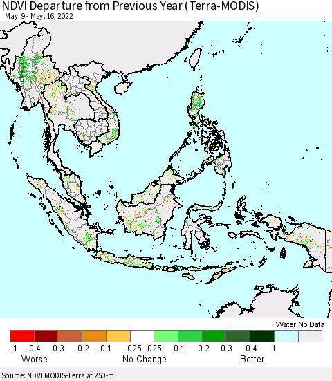 South East Asia NDVI Departure from Previous Year (Terra-MODIS) Thematic Map For 5/9/2022 - 5/16/2022