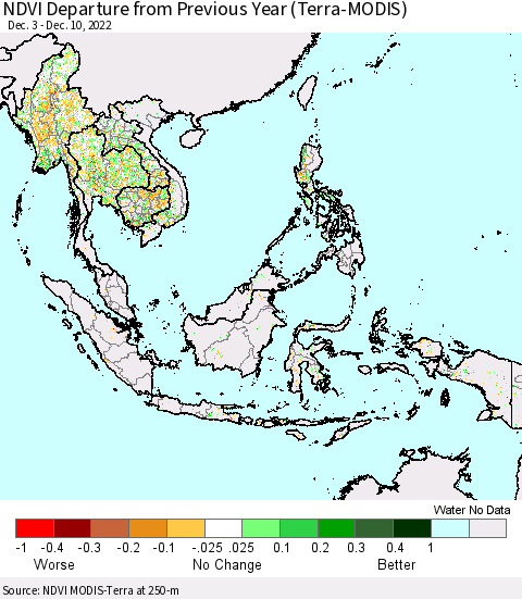 South East Asia NDVI Departure from Previous Year (Terra-MODIS) Thematic Map For 12/3/2022 - 12/10/2022