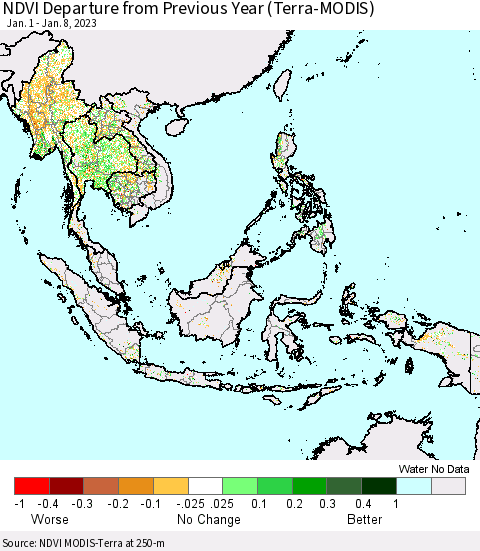 South East Asia NDVI Departure from Previous Year (Terra-MODIS) Thematic Map For 1/1/2023 - 1/8/2023