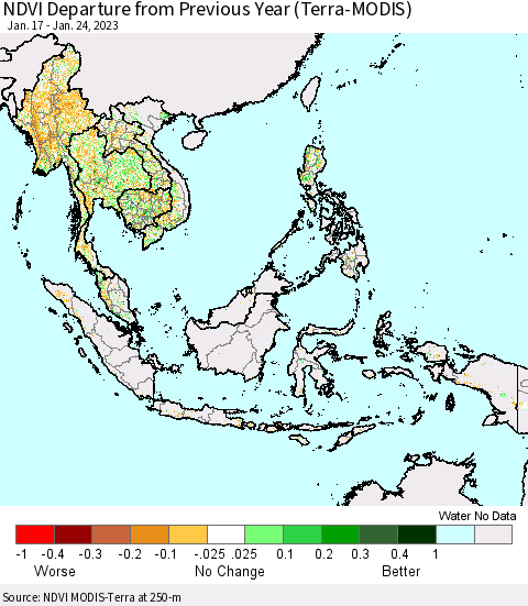 South East Asia NDVI Departure from Previous Year (Terra-MODIS) Thematic Map For 1/17/2023 - 1/24/2023