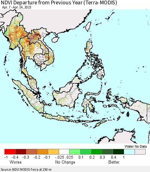 South East Asia NDVI Departure from Previous Year (Terra-MODIS) Thematic Map For 4/7/2023 - 4/14/2023
