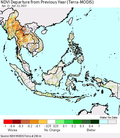 South East Asia NDVI Departure from Previous Year (Terra-MODIS) Thematic Map For 4/15/2023 - 4/22/2023
