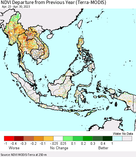 South East Asia NDVI Departure from Previous Year (Terra-MODIS) Thematic Map For 4/23/2023 - 4/30/2023