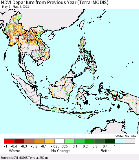 South East Asia NDVI Departure from Previous Year (Terra-MODIS) Thematic Map For 5/1/2023 - 5/8/2023