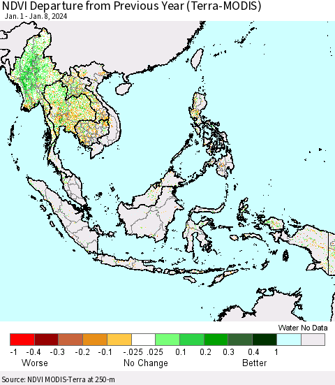 South East Asia NDVI Departure from Previous Year (Terra-MODIS) Thematic Map For 1/1/2024 - 1/8/2024