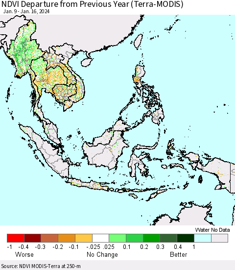 South East Asia NDVI Departure from Previous Year (Terra-MODIS) Thematic Map For 1/9/2024 - 1/16/2024