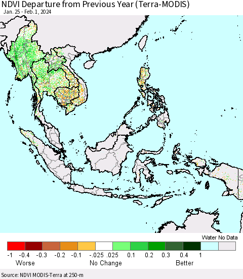 South East Asia NDVI Departure from Previous Year (Terra-MODIS) Thematic Map For 1/25/2024 - 2/1/2024
