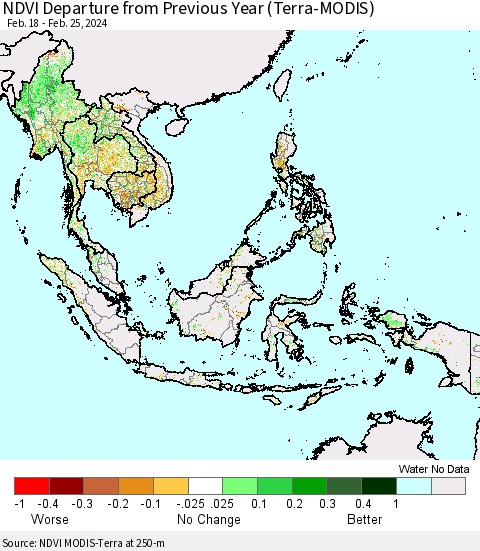South East Asia NDVI Departure from Previous Year (Terra-MODIS) Thematic Map For 2/18/2024 - 2/25/2024