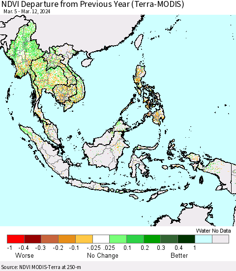 South East Asia NDVI Departure from Previous Year (Terra-MODIS) Thematic Map For 3/5/2024 - 3/12/2024