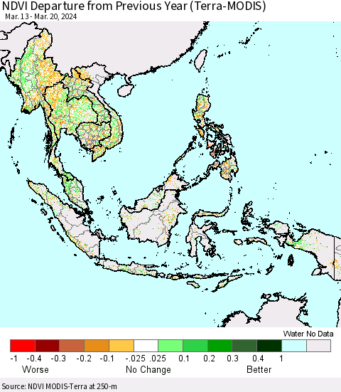 South East Asia NDVI Departure from Previous Year (Terra-MODIS) Thematic Map For 3/13/2024 - 3/20/2024