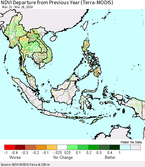 South East Asia NDVI Departure from Previous Year (Terra-MODIS) Thematic Map For 3/21/2024 - 3/28/2024