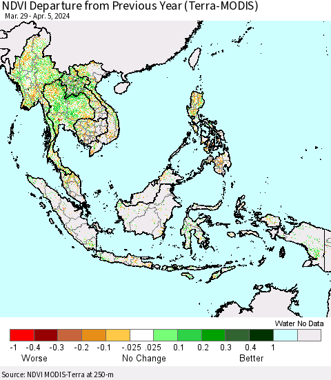 South East Asia NDVI Departure from Previous Year (Terra-MODIS) Thematic Map For 3/29/2024 - 4/5/2024