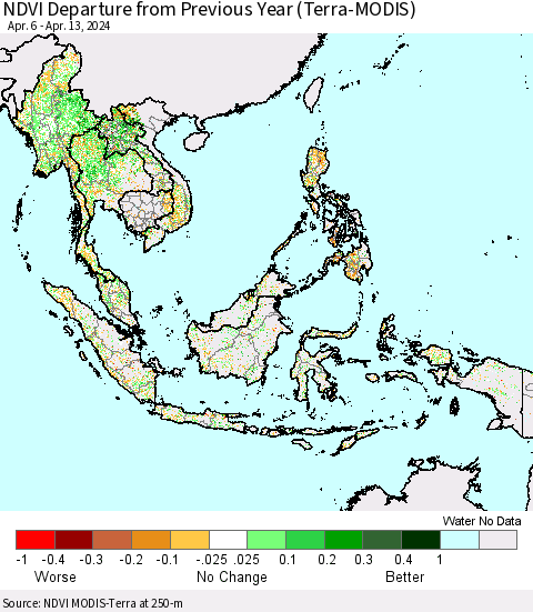South East Asia NDVI Departure from Previous Year (Terra-MODIS) Thematic Map For 4/6/2024 - 4/13/2024