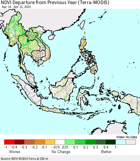 South East Asia NDVI Departure from Previous Year (Terra-MODIS) Thematic Map For 4/14/2024 - 4/21/2024