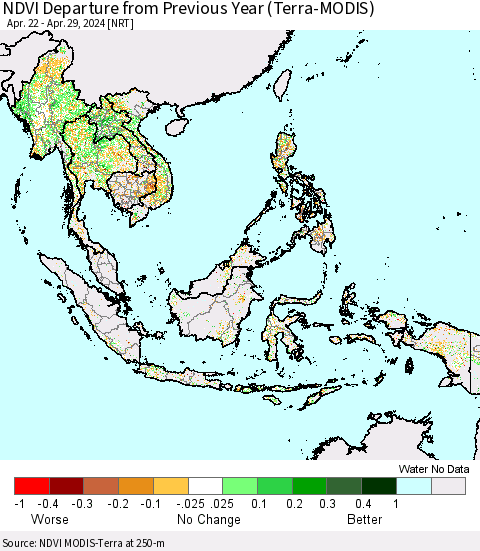 South East Asia NDVI Departure from Previous Year (Terra-MODIS) Thematic Map For 4/22/2024 - 4/29/2024