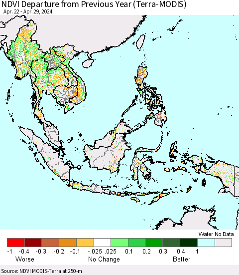 South East Asia NDVI Departure from Previous Year (Terra-MODIS) Thematic Map For 4/22/2024 - 4/29/2024