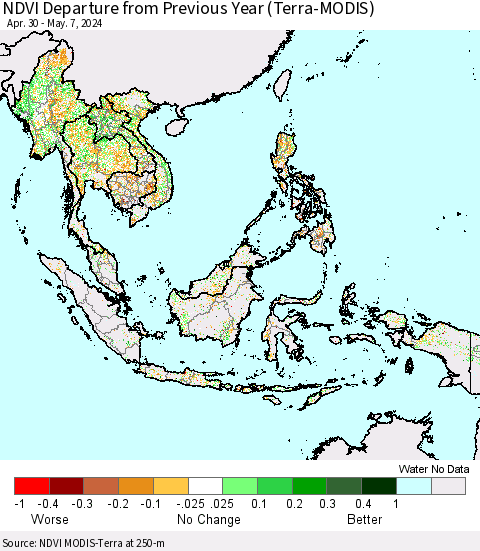 South East Asia NDVI Departure from Previous Year (Terra-MODIS) Thematic Map For 4/30/2024 - 5/7/2024
