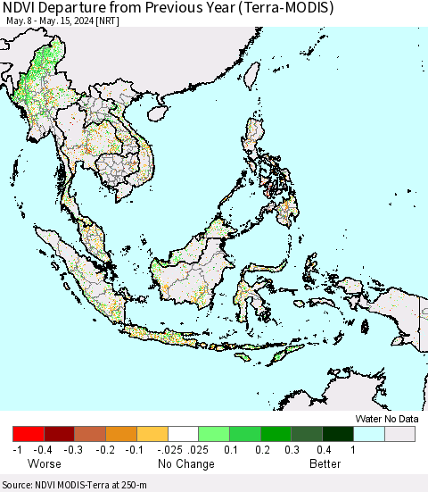 South East Asia NDVI Departure from Previous Year (Terra-MODIS) Thematic Map For 5/8/2024 - 5/15/2024