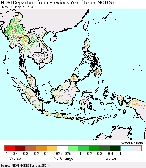 South East Asia NDVI Departure from Previous Year (Terra-MODIS) Thematic Map For 5/16/2024 - 5/23/2024