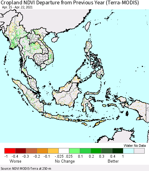 South East Asia Cropland NDVI Departure from Previous Year (Terra-MODIS) Thematic Map For 4/15/2021 - 4/22/2021