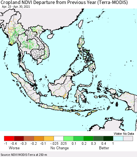 South East Asia Cropland NDVI Departure from Previous Year (Terra-MODIS) Thematic Map For 4/23/2021 - 4/30/2021