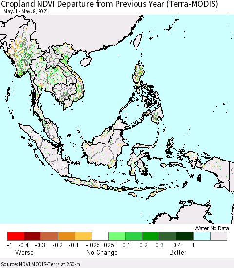 South East Asia Cropland NDVI Departure from Previous Year (Terra-MODIS) Thematic Map For 5/1/2021 - 5/8/2021
