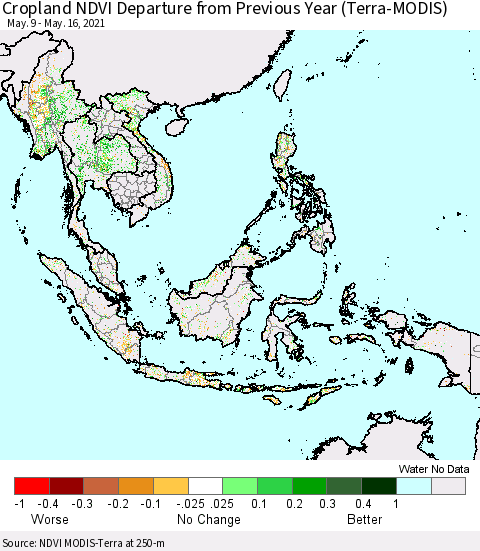 South East Asia Cropland NDVI Departure from Previous Year (Terra-MODIS) Thematic Map For 5/9/2021 - 5/16/2021
