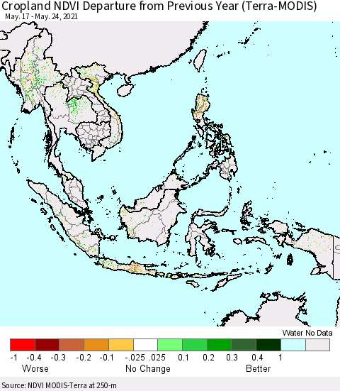 South East Asia Cropland NDVI Departure from Previous Year (Terra-MODIS) Thematic Map For 5/17/2021 - 5/24/2021