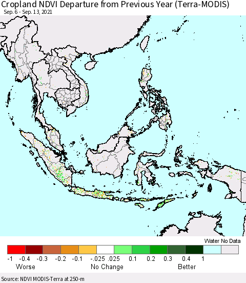 South East Asia Cropland NDVI Departure from Previous Year (Terra-MODIS) Thematic Map For 9/6/2021 - 9/13/2021