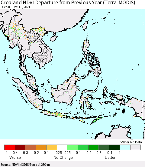 South East Asia Cropland NDVI Departure from Previous Year (Terra-MODIS) Thematic Map For 10/8/2021 - 10/15/2021