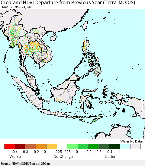 South East Asia Cropland NDVI Departure from Previous Year (Terra-MODIS) Thematic Map For 11/17/2021 - 11/24/2021