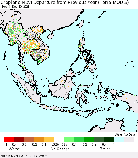 South East Asia Cropland NDVI Departure from Previous Year (Terra-MODIS) Thematic Map For 12/3/2021 - 12/10/2021