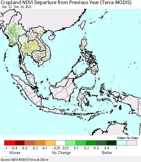 South East Asia Cropland NDVI Departure from Previous Year (Terra-MODIS) Thematic Map For 12/11/2021 - 12/18/2021