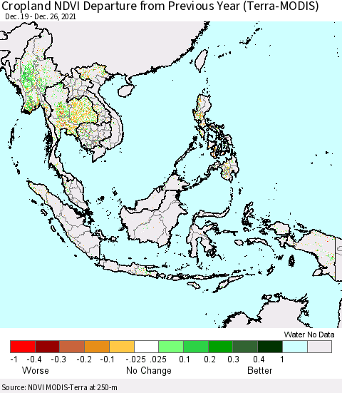 South East Asia Cropland NDVI Departure from Previous Year (Terra-MODIS) Thematic Map For 12/19/2021 - 12/26/2021