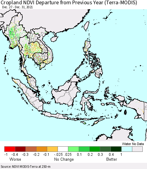 South East Asia Cropland NDVI Departure from Previous Year (Terra-MODIS) Thematic Map For 12/26/2021 - 1/2/2022