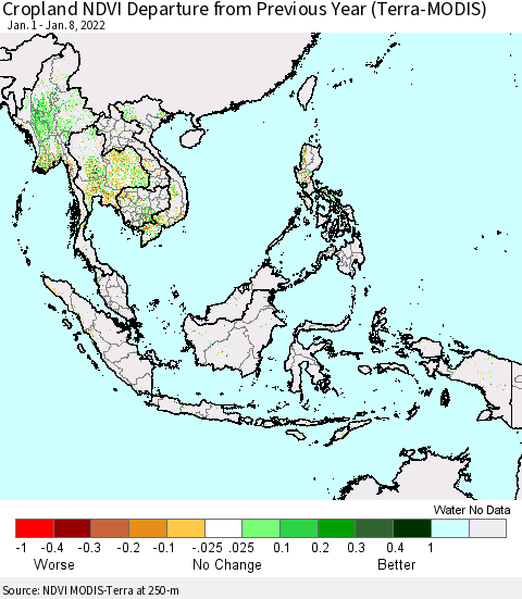 South East Asia Cropland NDVI Departure from Previous Year (Terra-MODIS) Thematic Map For 1/1/2022 - 1/8/2022