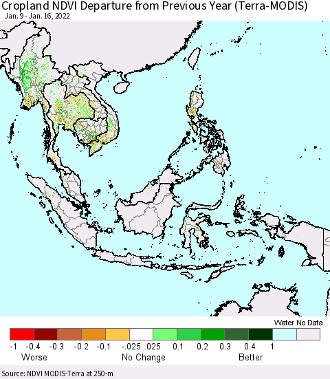 South East Asia Cropland NDVI Departure from Previous Year (Terra-MODIS) Thematic Map For 1/9/2022 - 1/16/2022