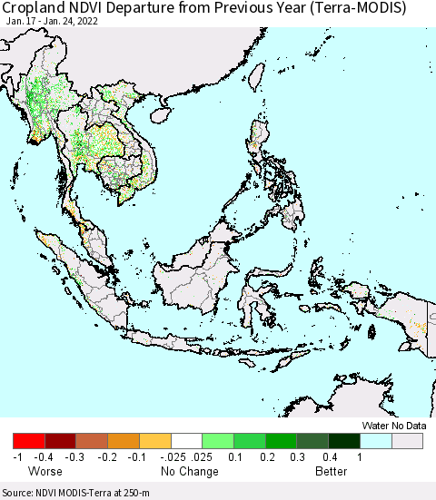 South East Asia Cropland NDVI Departure from Previous Year (Terra-MODIS) Thematic Map For 1/17/2022 - 1/24/2022