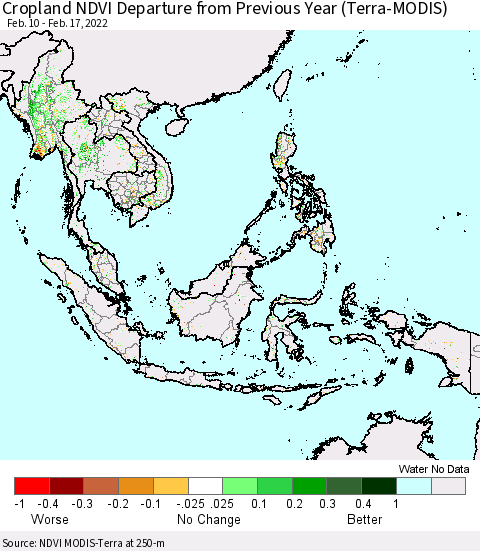 South East Asia Cropland NDVI Departure from Previous Year (Terra-MODIS) Thematic Map For 2/10/2022 - 2/17/2022