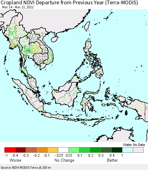 South East Asia Cropland NDVI Departure from Previous Year (Terra-MODIS) Thematic Map For 3/14/2022 - 3/21/2022