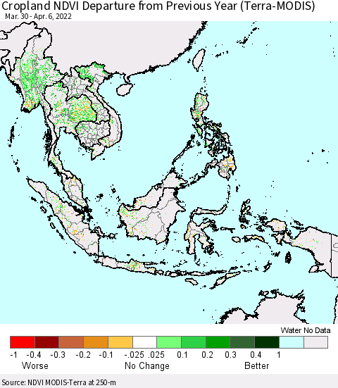South East Asia Cropland NDVI Departure from Previous Year (Terra-MODIS) Thematic Map For 3/30/2022 - 4/6/2022