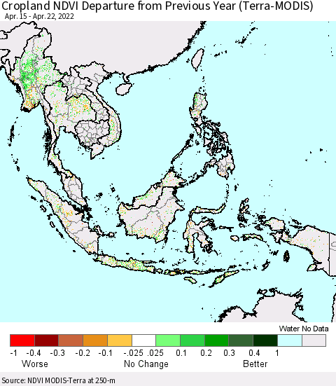 South East Asia Cropland NDVI Departure from Previous Year (Terra-MODIS) Thematic Map For 4/15/2022 - 4/22/2022