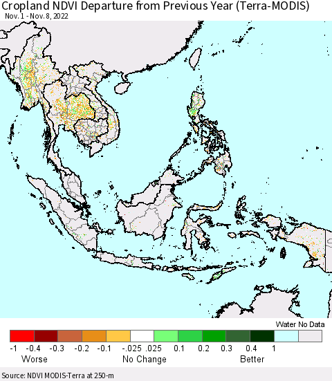 South East Asia Cropland NDVI Departure from Previous Year (Terra-MODIS) Thematic Map For 11/1/2022 - 11/8/2022