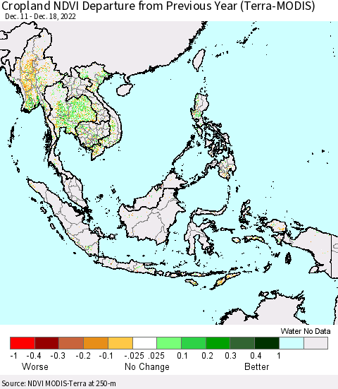 South East Asia Cropland NDVI Departure from Previous Year (Terra-MODIS) Thematic Map For 12/11/2022 - 12/18/2022