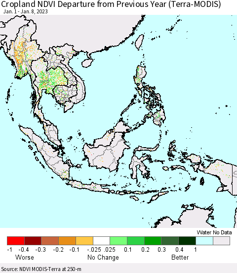 South East Asia Cropland NDVI Departure from Previous Year (Terra-MODIS) Thematic Map For 1/1/2023 - 1/8/2023