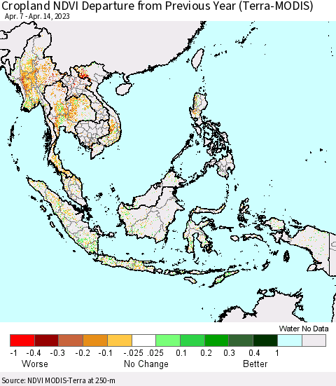 South East Asia Cropland NDVI Departure from Previous Year (Terra-MODIS) Thematic Map For 4/7/2023 - 4/14/2023