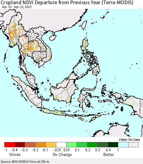 South East Asia Cropland NDVI Departure from Previous Year (Terra-MODIS) Thematic Map For 4/15/2023 - 4/22/2023