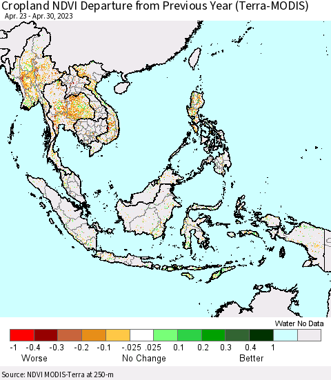 South East Asia Cropland NDVI Departure from Previous Year (Terra-MODIS) Thematic Map For 4/23/2023 - 4/30/2023