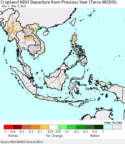 South East Asia Cropland NDVI Departure from Previous Year (Terra-MODIS) Thematic Map For 5/1/2023 - 5/8/2023